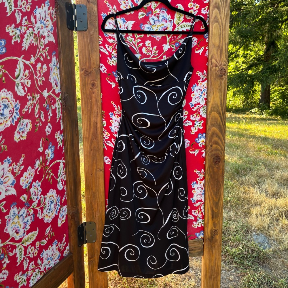 Vintage 2000's Black Cream Swirl Cowl Neck Ruched Waist LBD Size M-L